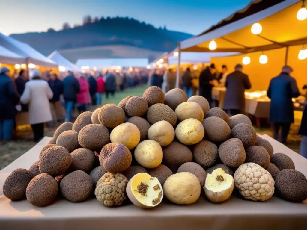 Festival Trufa Alba: mercado vibrante, chefs preparando platos trufados, viñedos pintorescos y paisaje encantador