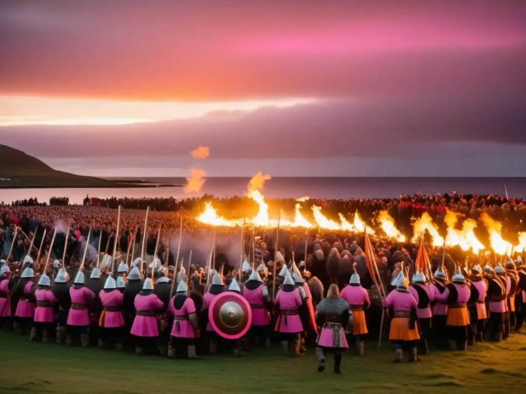 Festival Vikingo en Islas Shetland: Atardecer en Up Helly Aa con vikingos y majestuoso barco