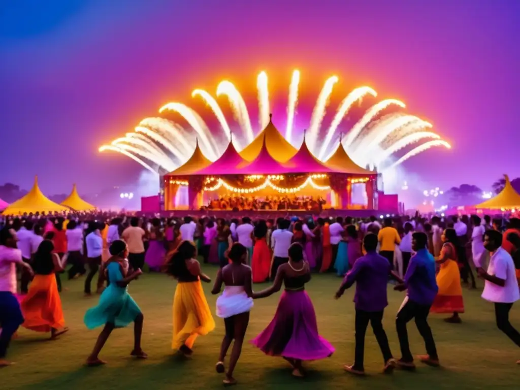 Fotografía festivales: escena vibrante con música, danza y luces, capturando la esencia mágica