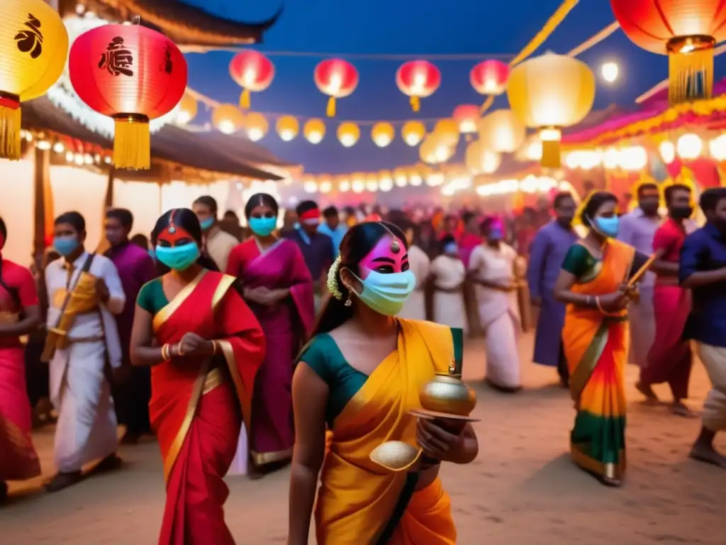 Festival vibrante: participantes con máscaras coloridas y baile tradicional