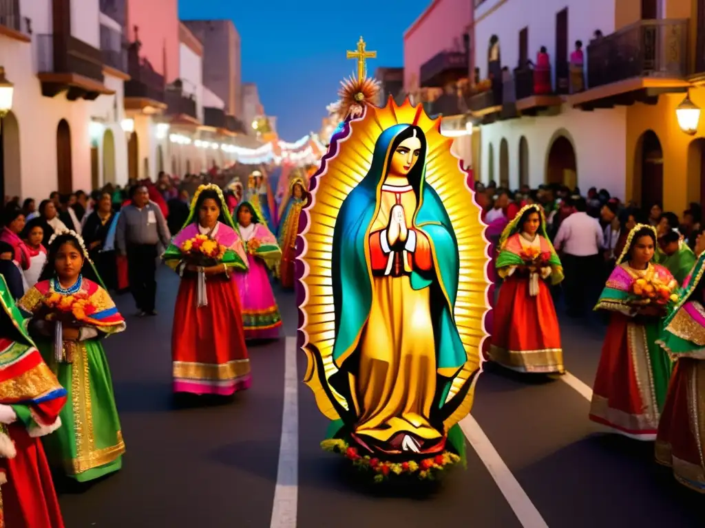 Festival Virgen de Guadalupe: Procesión vibrante con devotos vestidos tradicionalmente, llevando estatuas de la Virgen María, rodeados de velas