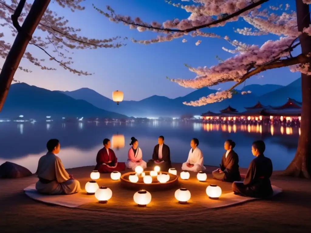 Festival Zen tradicional: meditadores en paisaje sereno y etéreo con árboles de cerezo en flor