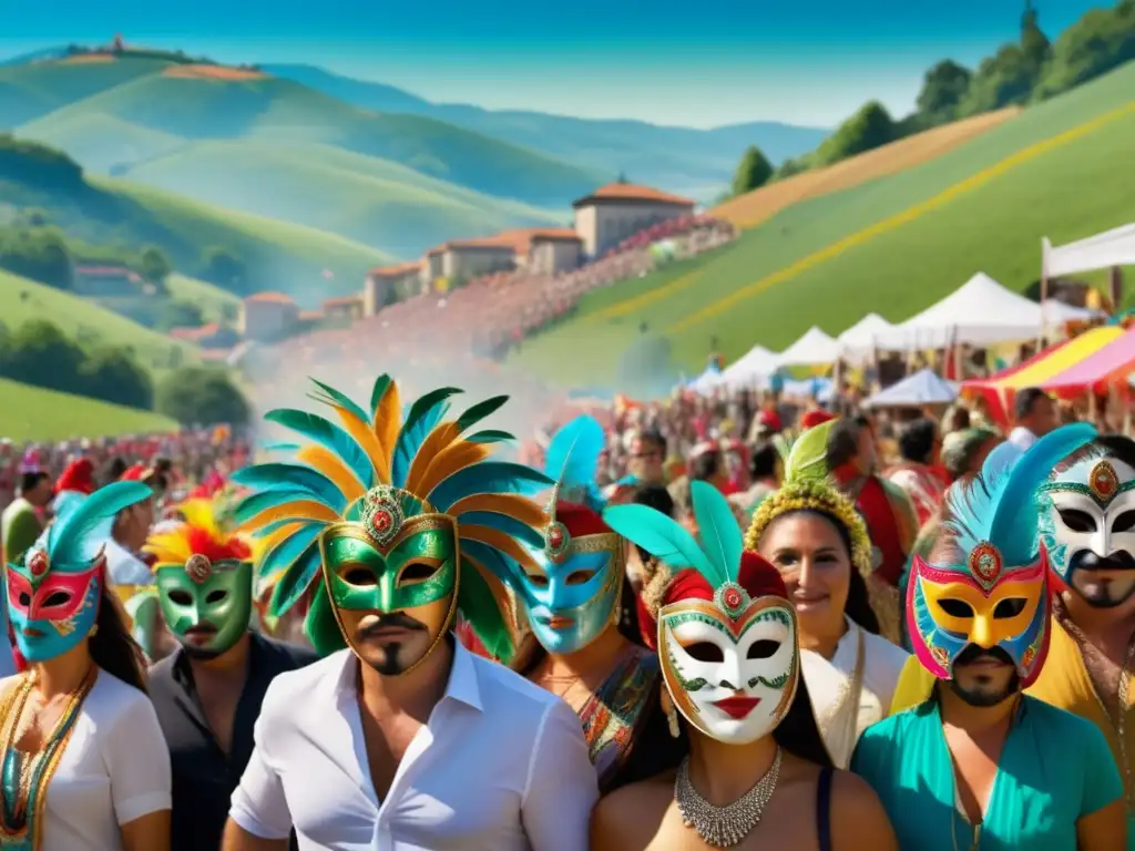 Festival enmascarados Bulgaria: escena vibrante de festival con coloridos enmascarados, música y danza en un entorno mágico