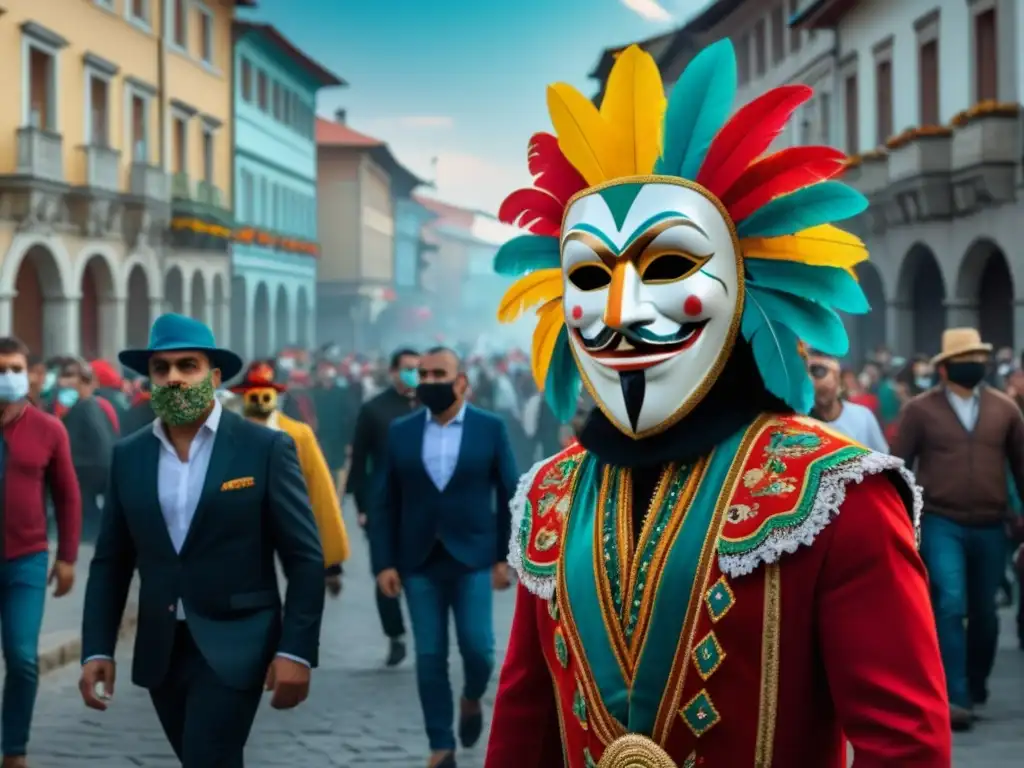 Festival de Enmascarados Bulgaria: Escena vibrante y detallada en 8k que muestra la fusión de tradición y globalización en un festival único