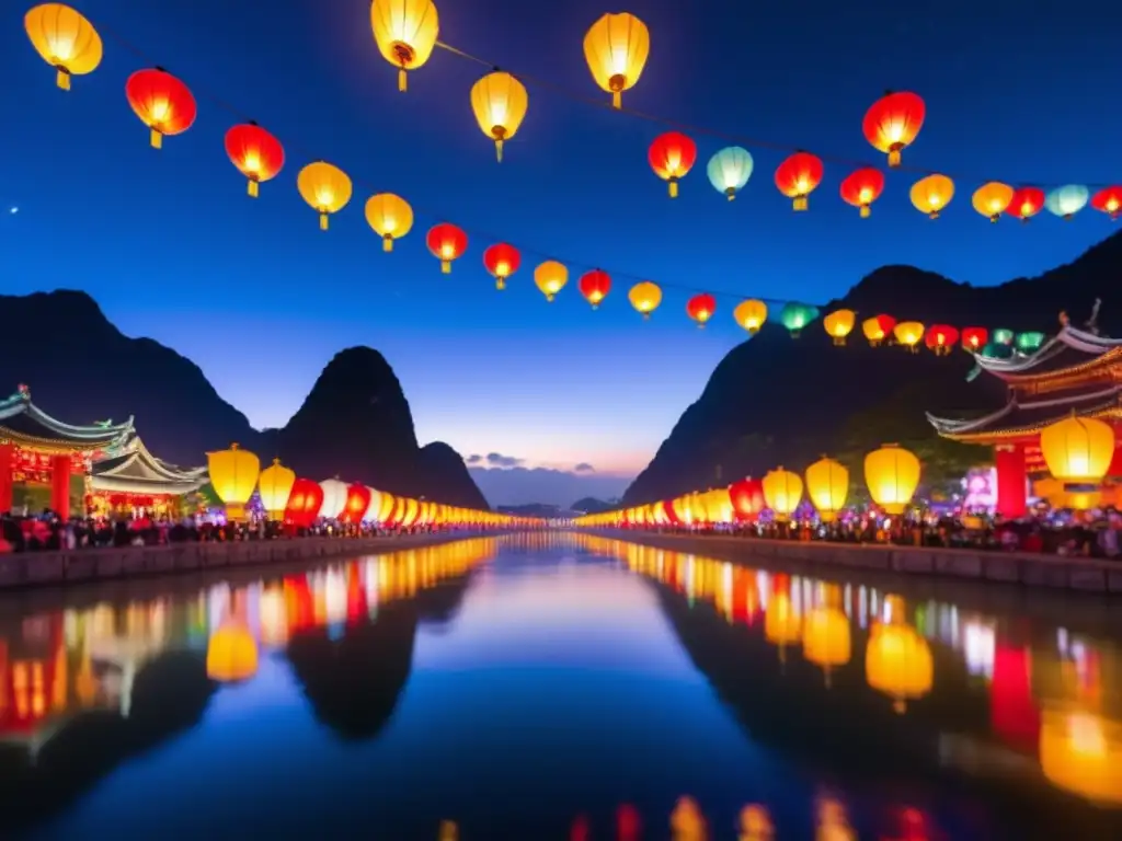 Festival de Faroles en Taiwán: Escena mágica con coloridos faroles flotando en el cielo nocturno y reflejándose en el río