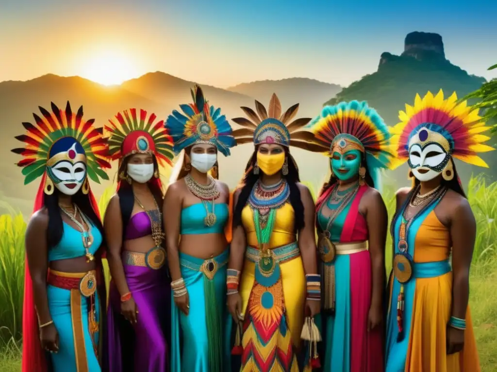 Indumentaria artística en festivales: grupo festivo con trajes coloridos y máscaras, en paisaje natural pintoresco