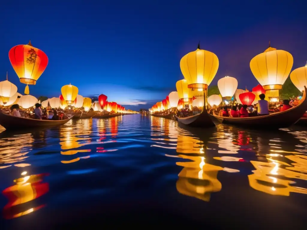 Festival luces flotantes Tailandia: Hermosa imagen del festival de las luces flotantes en Tailandia, con miles de linternas iluminando el cielo nocturno y reflejándose en el río