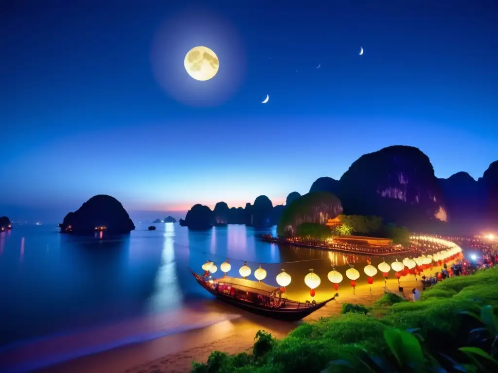 Festival de la Luna en Vietnam: Encanto y misterio de un paisaje nocturno con una linterna flotante y colores vibrantes