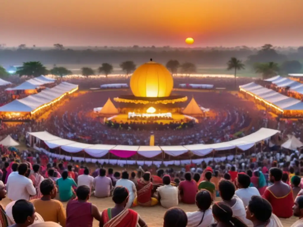 Festivales de música tradicionales: Escena vibrante de un festival al atardecer, con música diversa y un ambiente lleno de energía y unidad