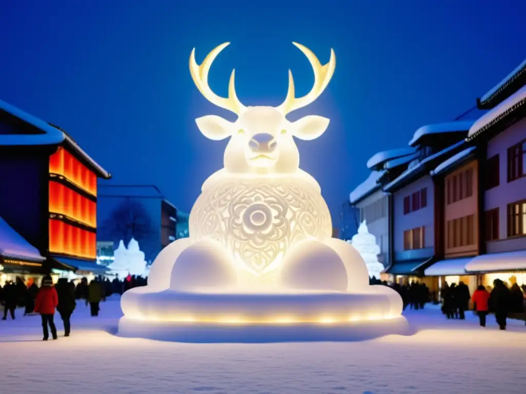 Escena invernal en el Festival de la Nieve Sapporo, Japón: impresionante escultura de nieve iluminada con colores vibrantes y ambiente mágico