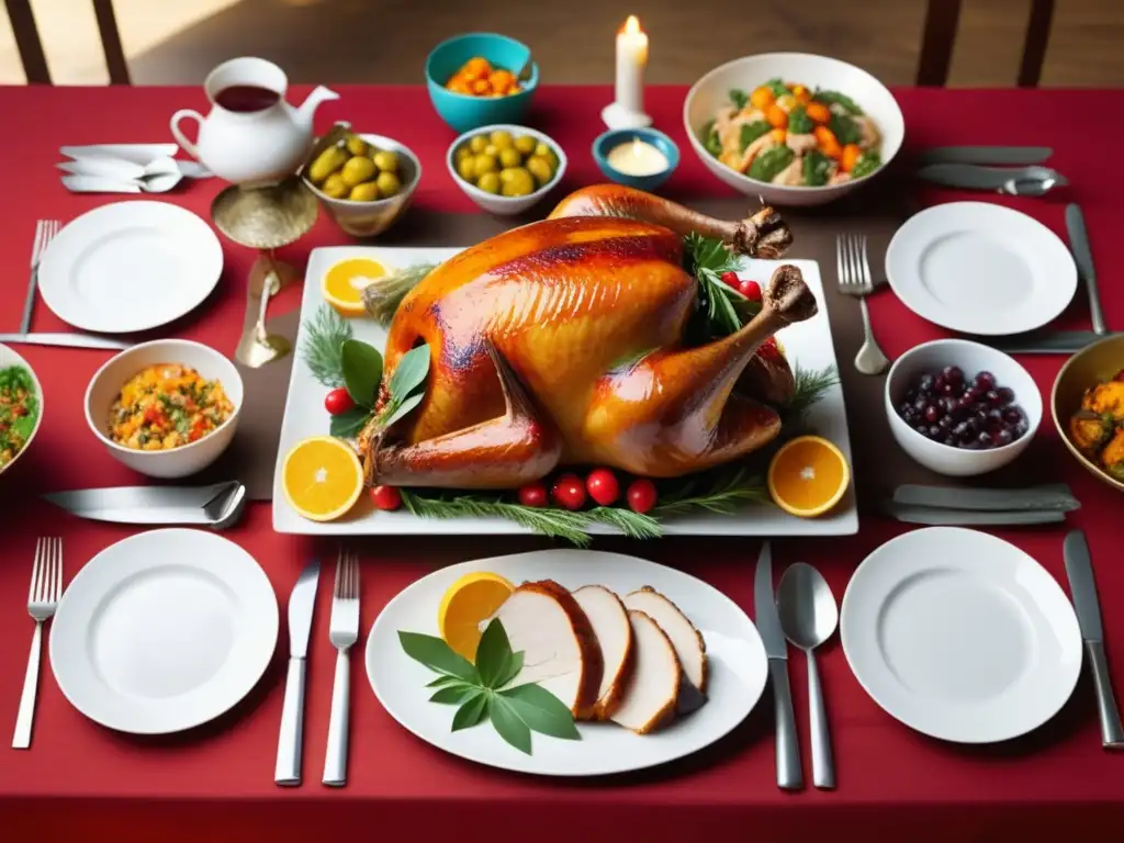 Tradiciones culinarias festivas en todo el mundo: una mesa hermosamente decorada con platos festivos de diferentes culturas