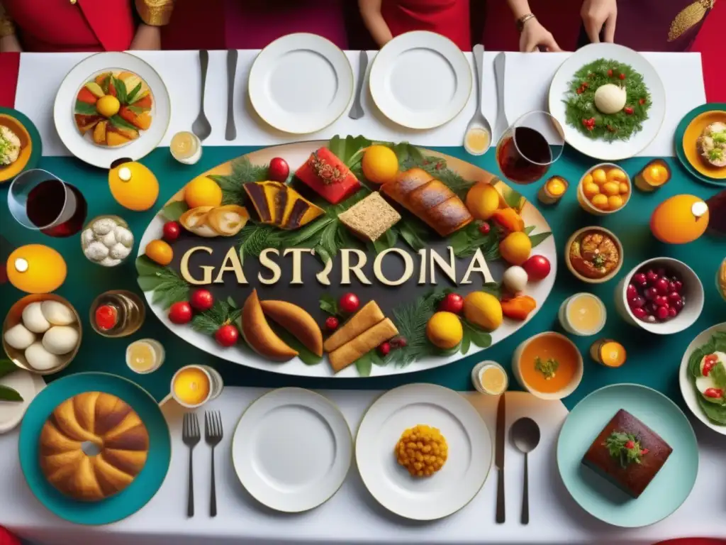 Gastronomía festiva tradicional mundo: mesa con platos de Europa, América Latina y Asia, con deliciosas tradiciones culinarias y decoración vibrante