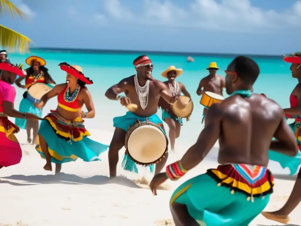 Festival tradicional en el Caribe: escena vibrante y colorida con música, danza y trajes llamativos en una playa paradisíaca