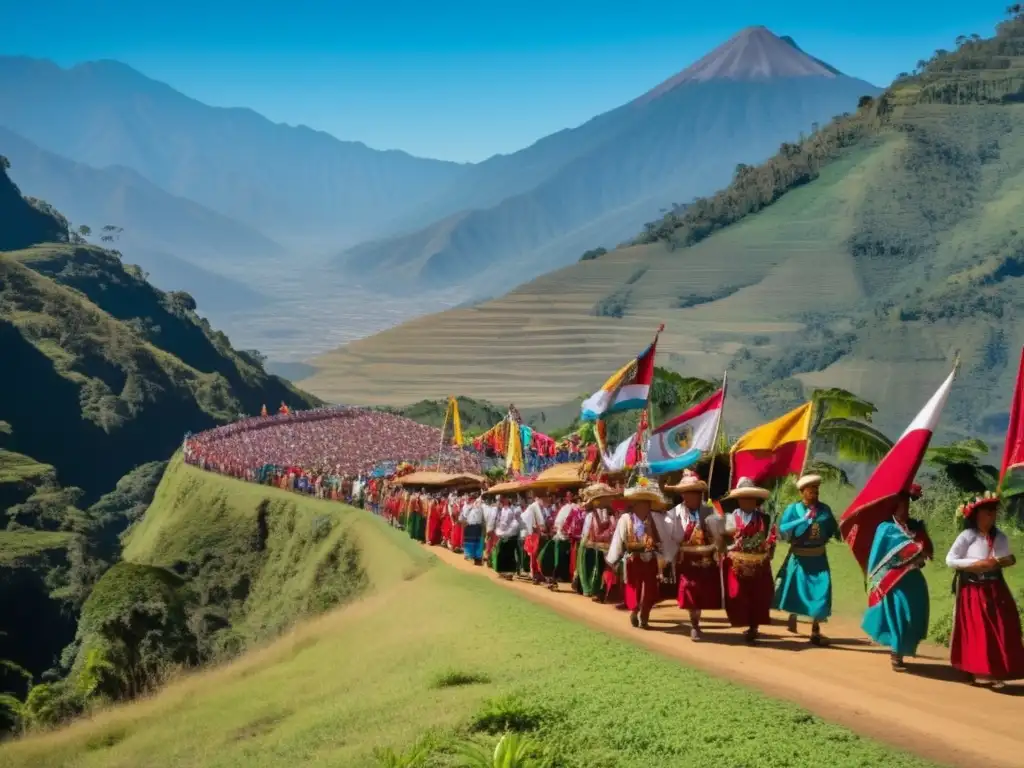 Festivales tradicionales indumentaria guatemalteca en vibrante procesión contra montañas verdes y cielo azul, danza sincronizada y aura mágica