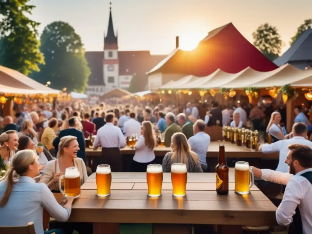 Escena vibrante de un jardín cervecero en un festival alemán, con ritual de bebidas festivales Alemania