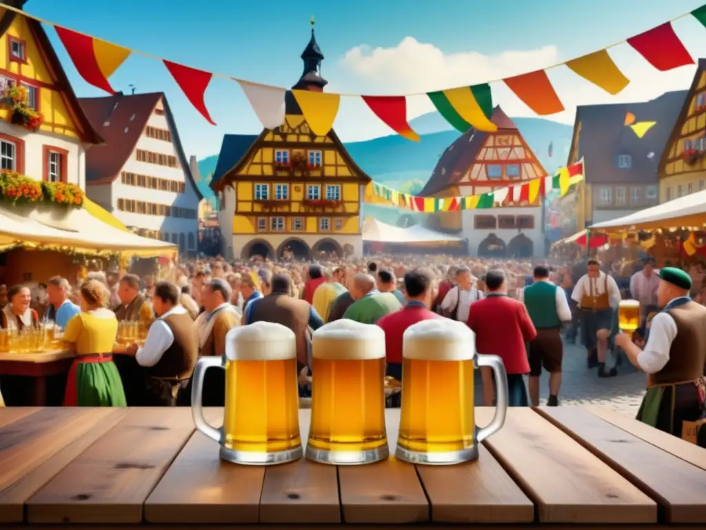 Festival cerveza tradicional en Alemania: ambiente vibrante, gente vestida con trajes bávaros, mesas llenas de cerveza y música en vivo