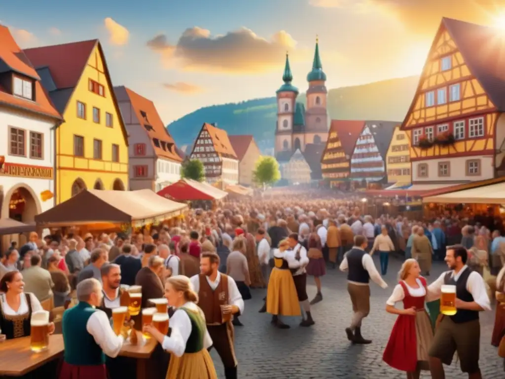 Festivales cerveza tradicionales en Alemania: escena festiva con gente vestida de forma tradicional, música, comida y cerveza