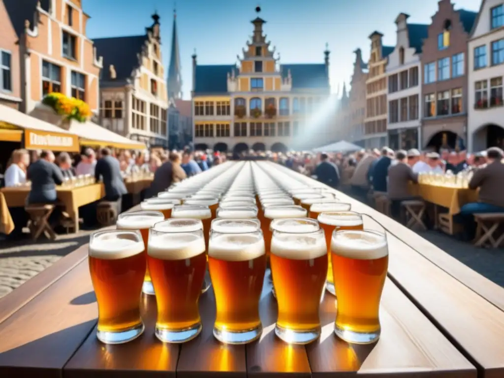 Festivales tradicionales de cerveza en Bélgica: Mesa llena de cervezas, gente y arquitectura histórica