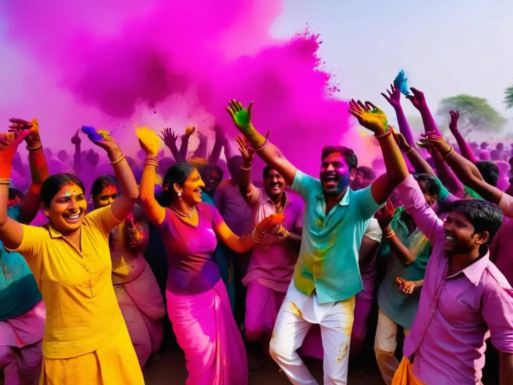 Celebración del Holi en India: Festival de colores vibrantes y alegría en una escena mágica de un pueblo pintoresco