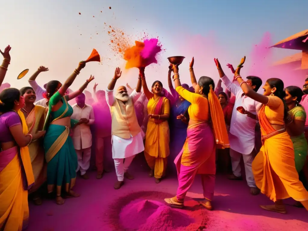 Un vibrante Festival de los Colores en India: una escena etérea y fotorealista que captura la esencia mágica de la celebración