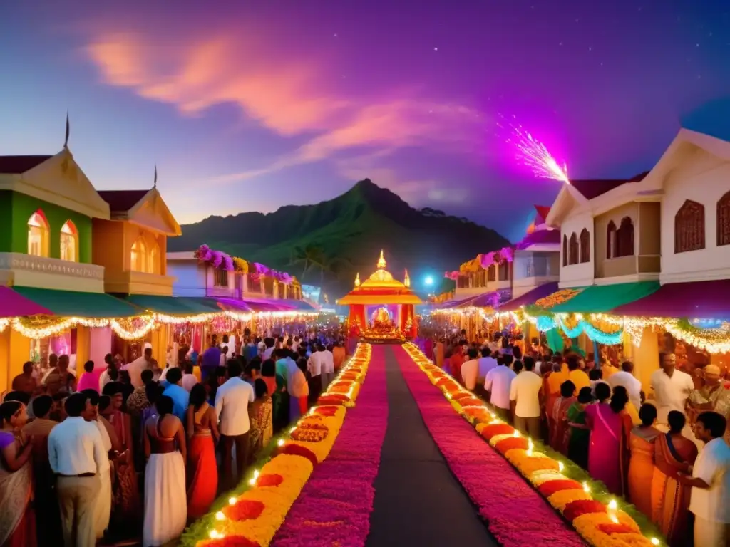 Celebración Diwali en Fiji: escena nocturna vibrante con luces, decoraciones y desfile de flotadores decorados