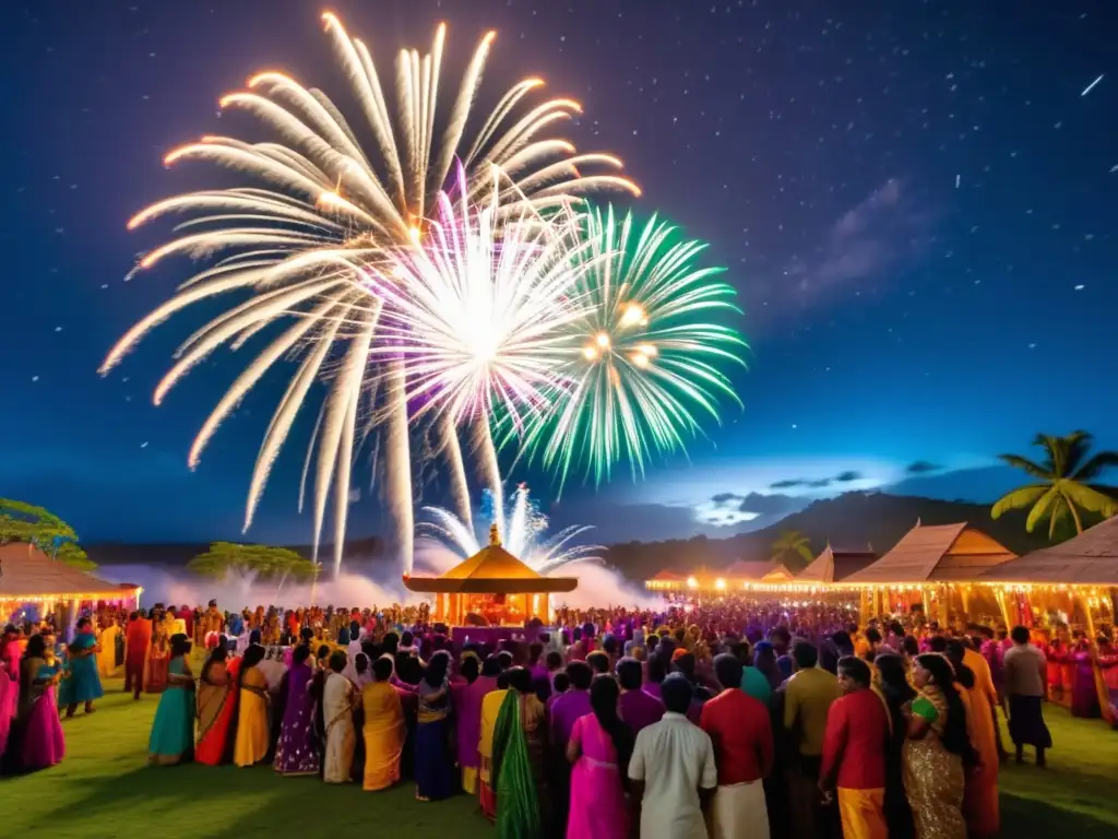 Celebración Diwali en Fiji: Vibrante imagen de la festividad, con luces y fuegos artificiales, reflejando la magia y alegría del festival