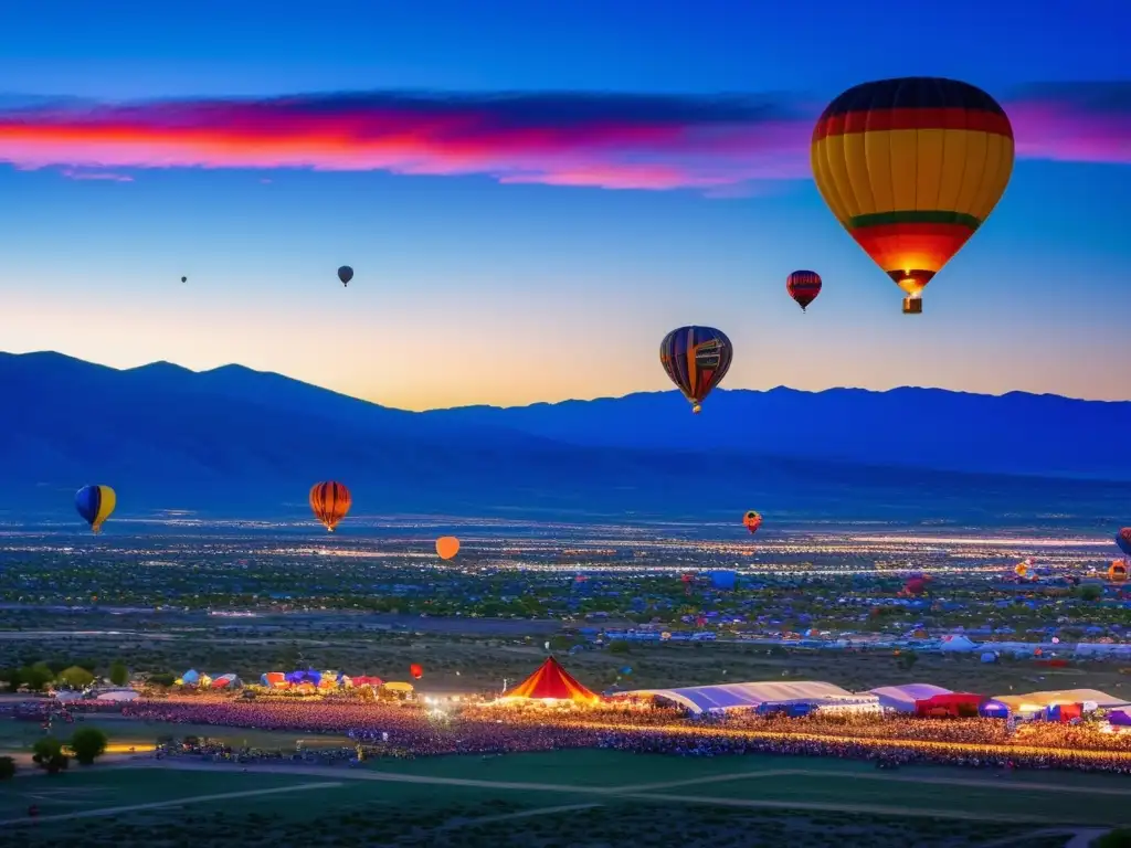 Vista impresionante del Festival de Globos de Albuquerque en Nuevo México, con las montañas Sandia de fondo