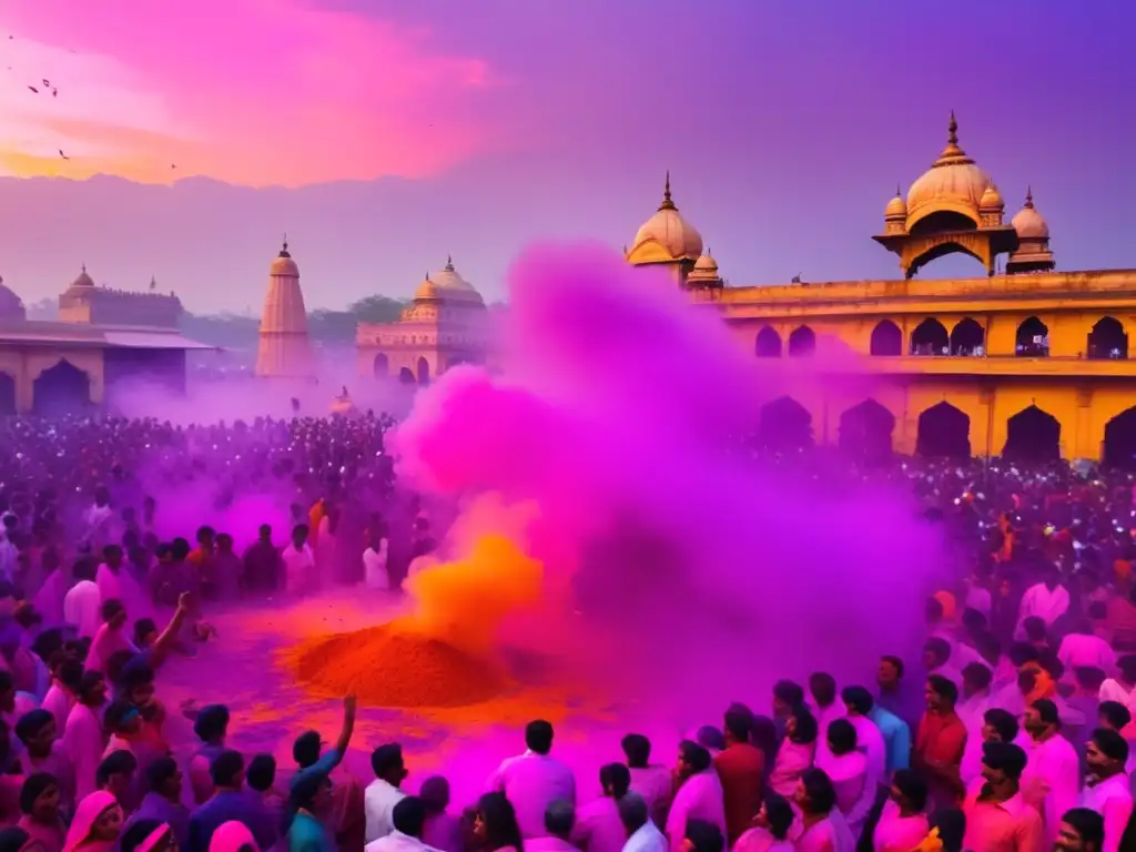 Celebración Holi India: Orígenes misteriosos festival con vibrante ambiente y colorido polvo en el aire