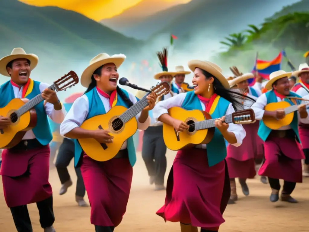 Fiesta de la Música en Ecuador: Festivales de música tradicionales con vibrante energía, músicos apasionados y hermoso paisaje