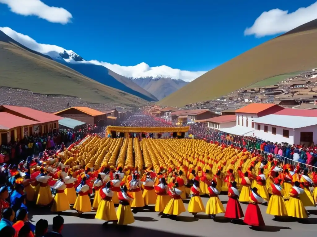 Festival tradicional en Puno, Perú: danzas, montañas nevadas y vibrantes colores (110 caracteres)