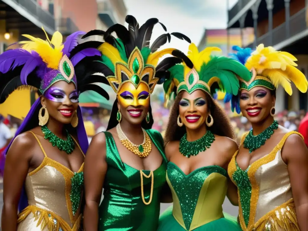 Vestuario Mardi Gras tradicional: Grupo de personas con trajes vibrantes y elaborados, celebrando con alegría y energía en una animada calle