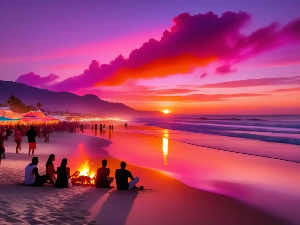 Imagen de playa al atardecer con fiesta de San Juan