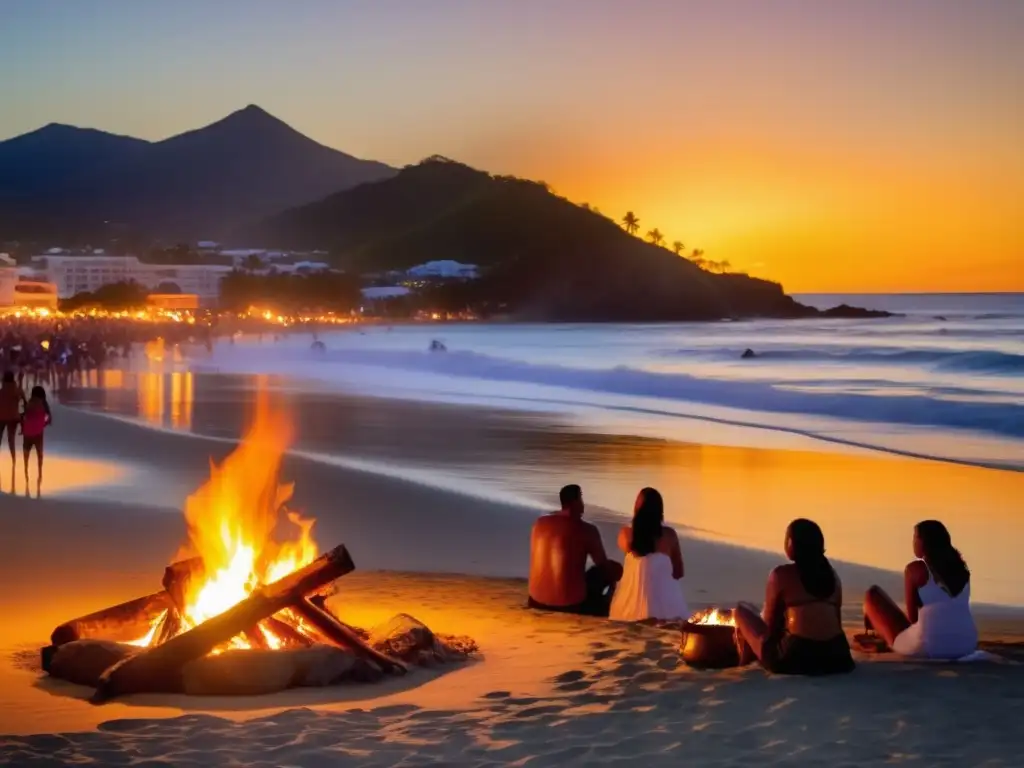 Ambiente mágico y tradicional del festival de San Juan en la playa al atardecer con fogata y luna llena