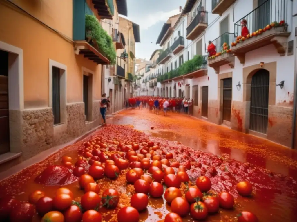 Calle bulliciosa en Buñol durante el festival La Tomatina: historia y significado