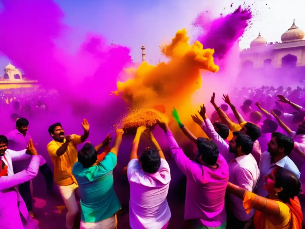 Celebración del Holi en India: escena vibrante y colorida de personas lanzando polvos de colores al aire