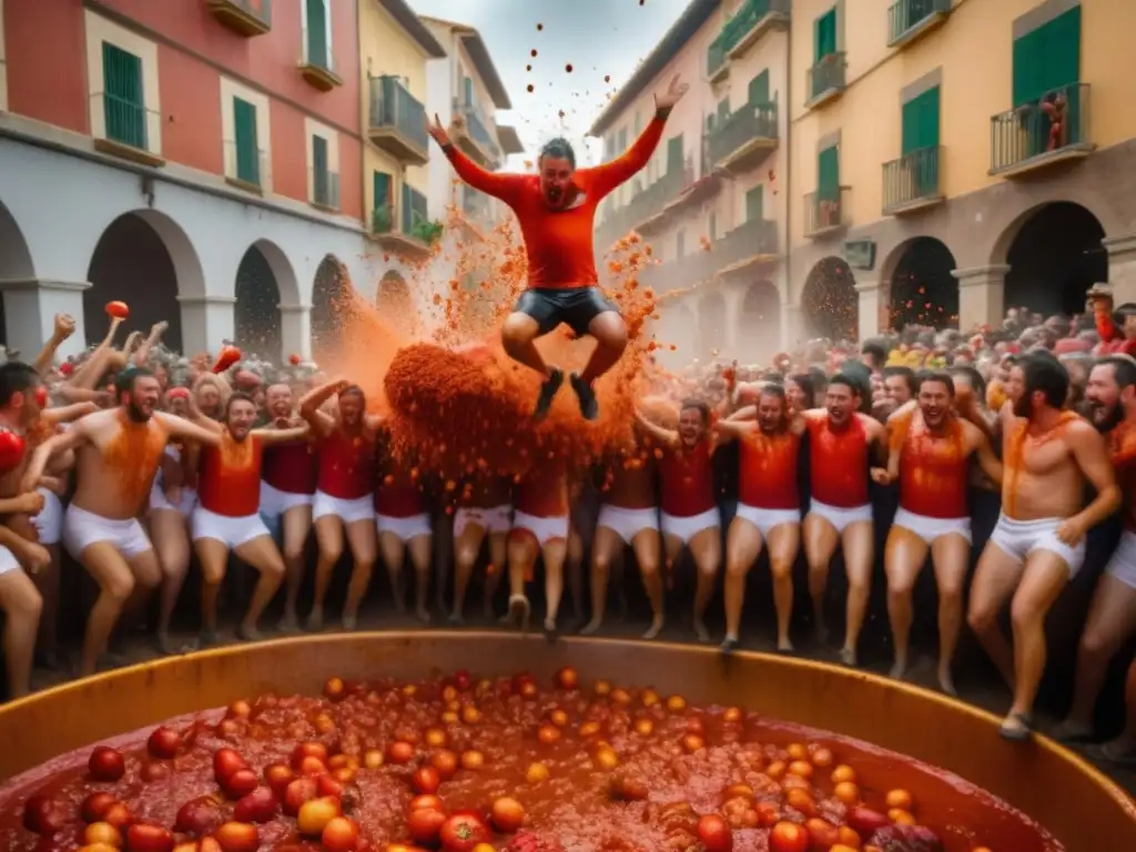 Fiesta de tomates en La Tomatina: escena vibrante en Buñol, España