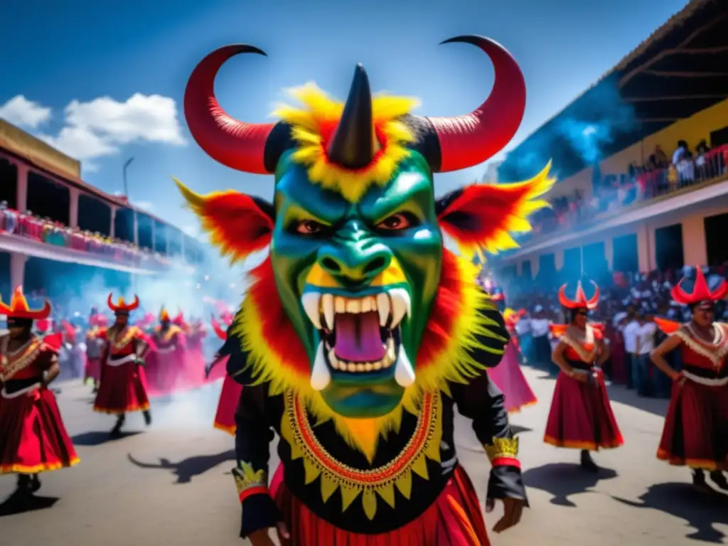 Fiesta Diablos Danzantes Venezuela: Escena vibrante de la legendaria celebración, con coloridos trajes tradicionales y máscaras demoníacas