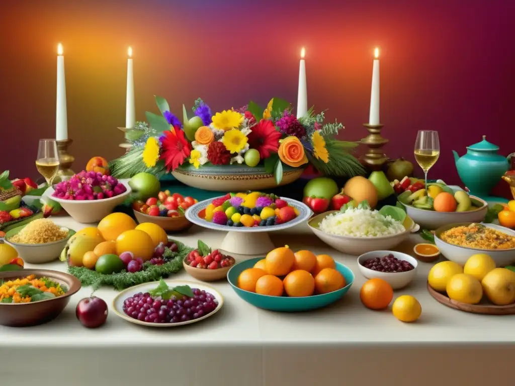 Gastronomía festiva tradicional en todo el mundo: Banquete multicultural con mesa festiva y personas disfrutando de platos vibrantes y coloridos, rodeados de tradiciones y alegría