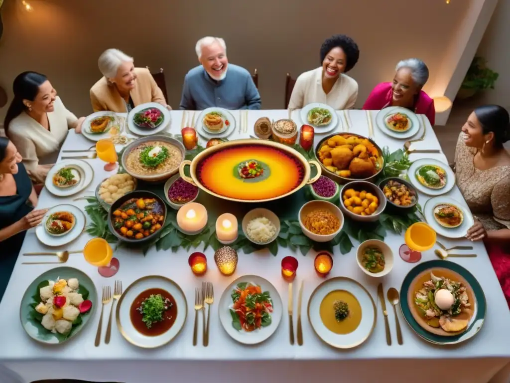 Evolución gastronomía festiva mundial: mesa exquisitamente preparada con platos de diferentes culturas, uniendo generaciones en torno a la comida