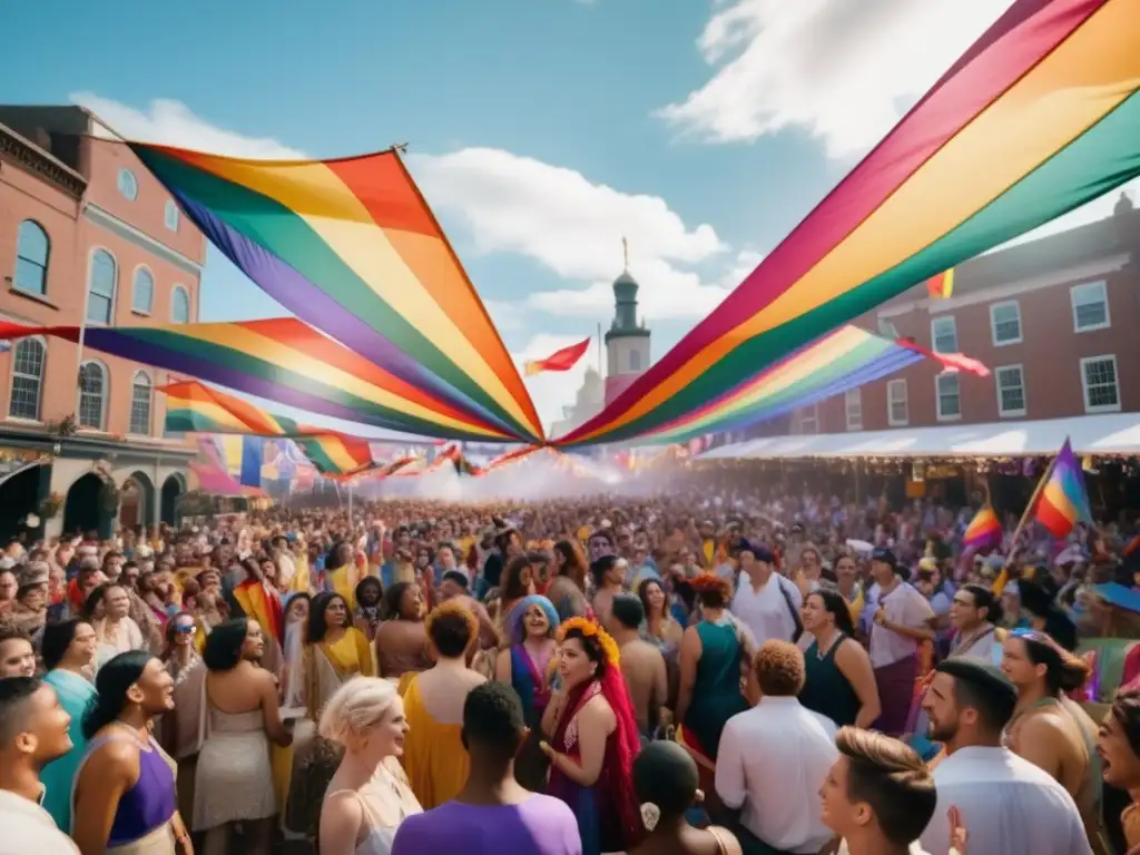 Festival LGBTQ+ tradicionales: Celebración vibrante y etérea de diversidad y unidad en una plaza adornada con banderas coloridas