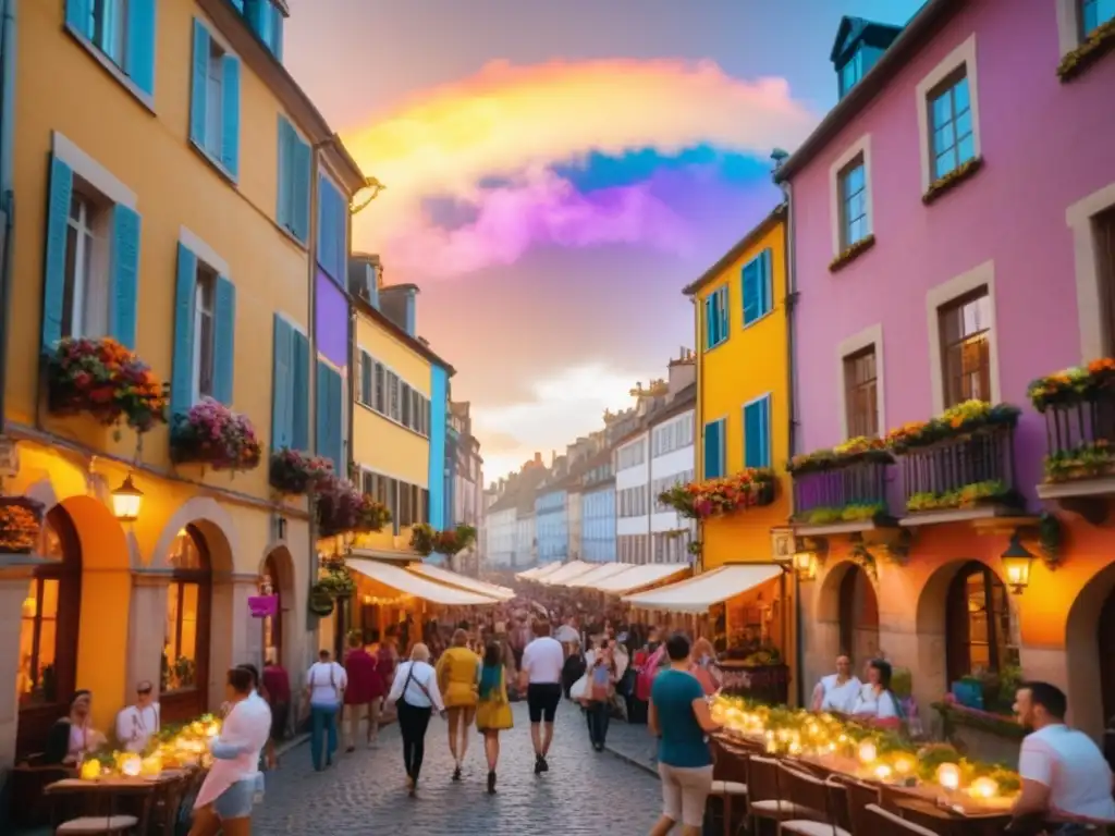 Festival LGBTQ+ tradicional y legado: escena vibrante y etérea con calles empedradas, banderas arcoíris y participantes celebrando su diversidad