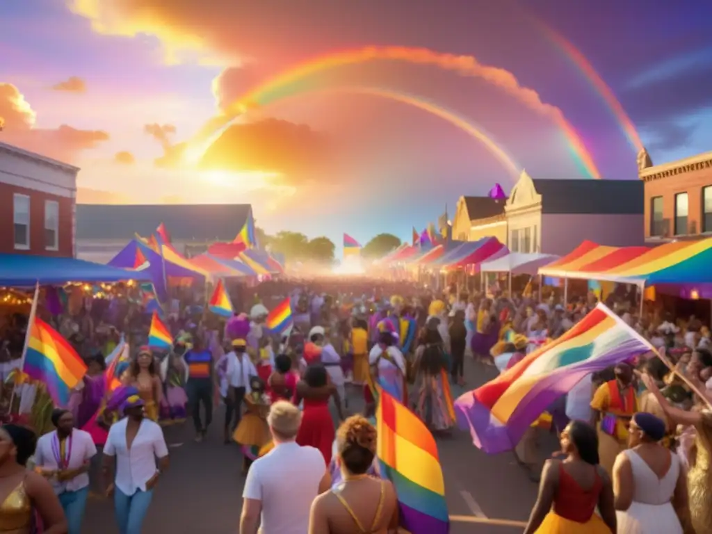 Festivales LGBTQ+ inclusivos: una vibrante imagen fotorealista de un festival diverso cobra vida, con una escena llena de alegría, amor y aceptación