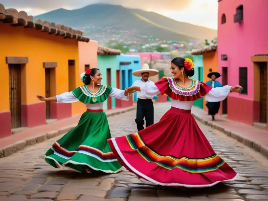 Tradiciones festivas mexicanas reveladas: escena vibrante y etérea capturando la esencia de trajes y festividades tradicionales