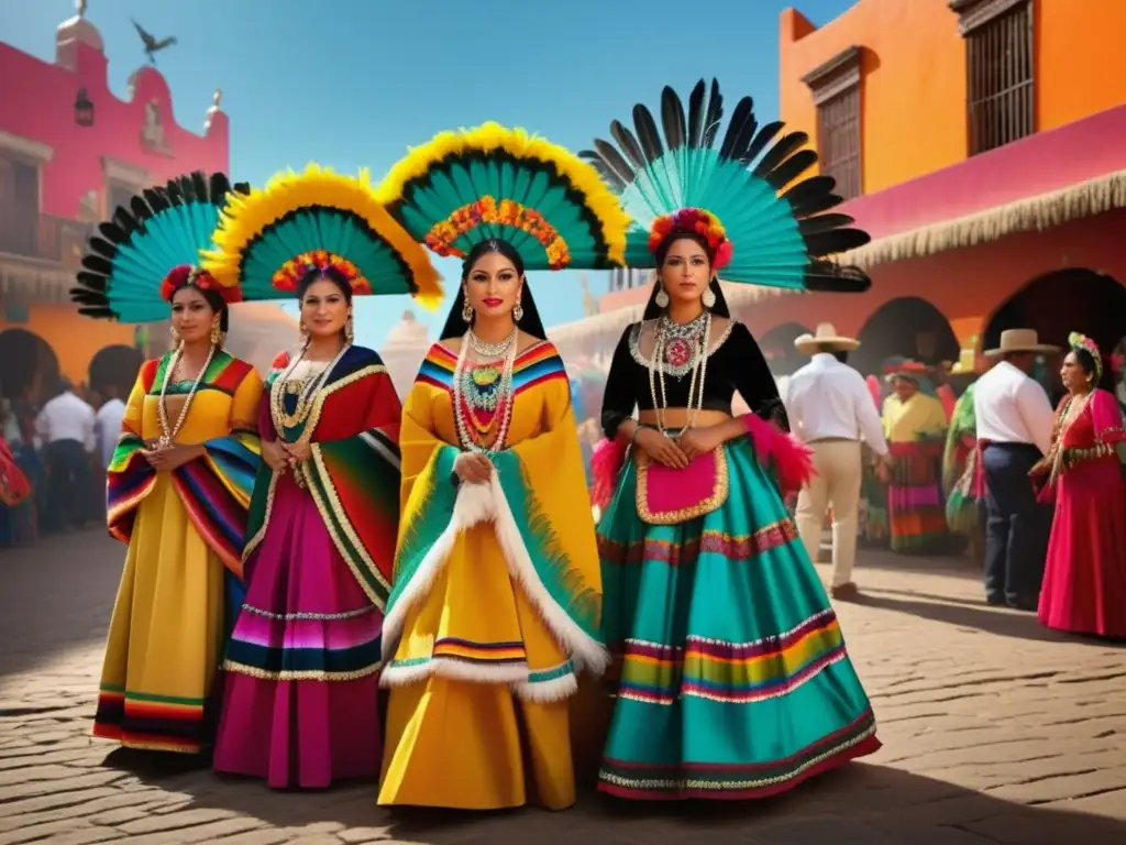 Tradiciones festivas mexicanas reveladas: grupo en trajes tradicionales vibrantes frente a un mercado colorido