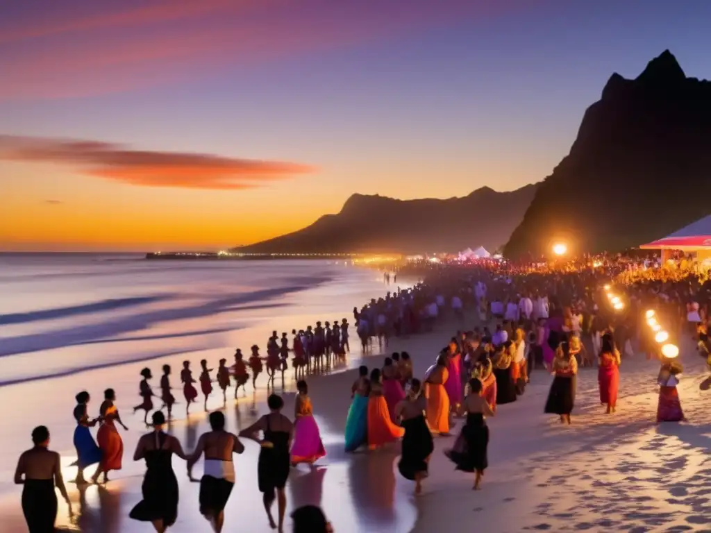 Festivales tradicionales alrededor del mundo: Celebración multicultural en la playa al atardecer con personas, trajes tradicionales, y linternas