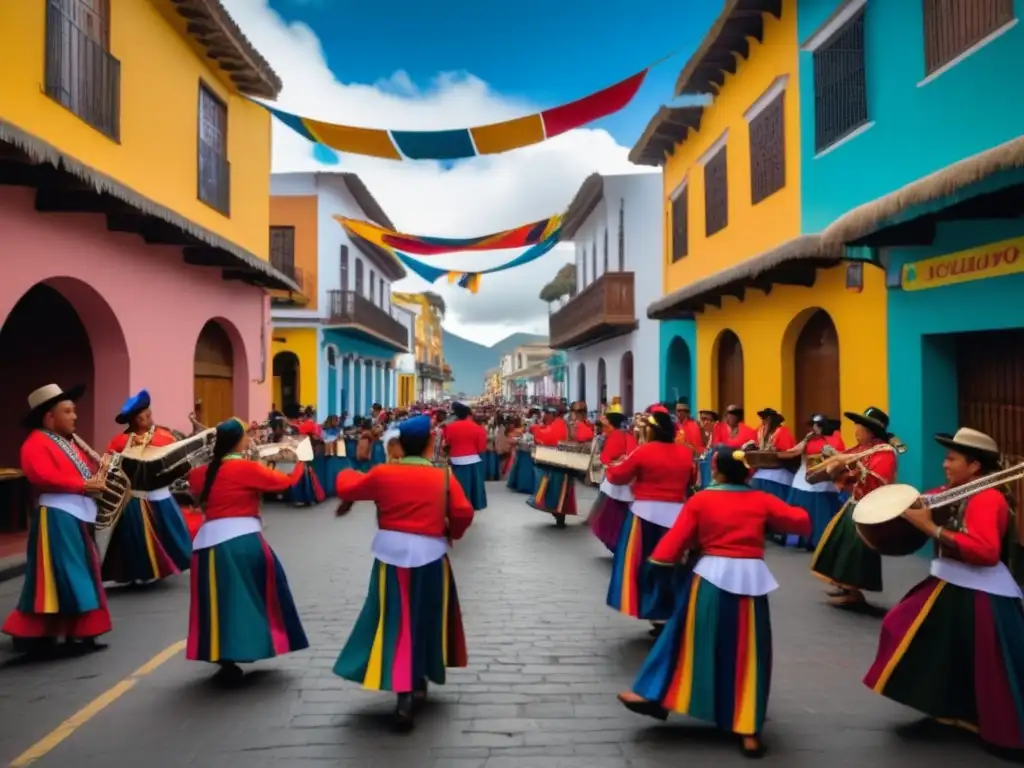 Fiesta de la Música en Ecuador: Festivales de música tradicionales con colores vibrantes, músicos apasionados y murales impresionantes