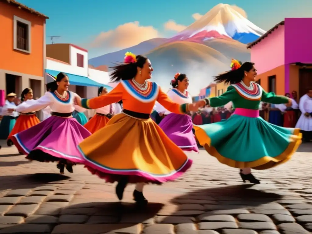 Celebración de Fiestas Patrias en Chile: Danza tradicional huasa y paisaje montañoso al atardecer