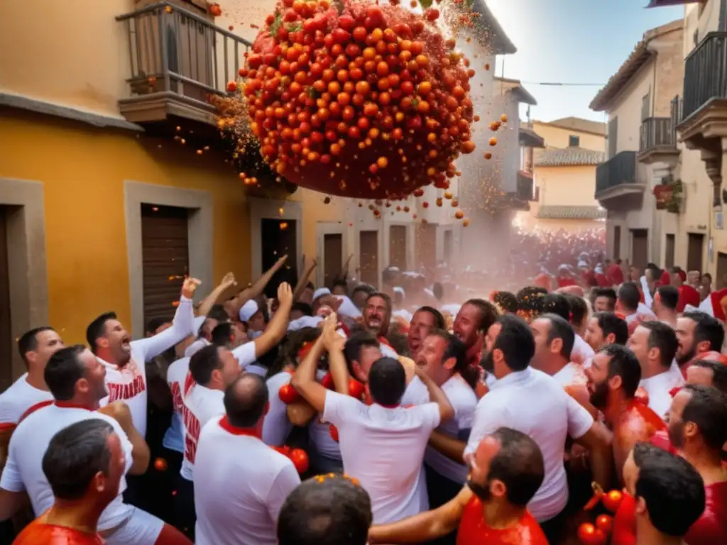 Festival tradicional La Tomatina en Buñol, España - Caos de tomates y arquitectura española en vibrante escena (Festivales interculturales tradicionales)