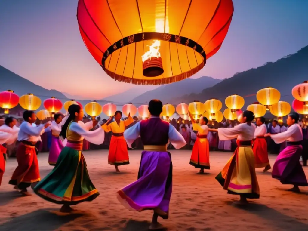 Fotografía de un festival tradicional, vibrante y mágico con baile, luces y templo majestuoso