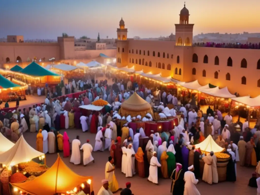 Festivales tradicionales en el Magreb: escena vibrante y fotorealista captura la esencia de la celebración en un mercado animado con gente, música, danza y arquitectura antigua bajo la luz dorada del atardecer